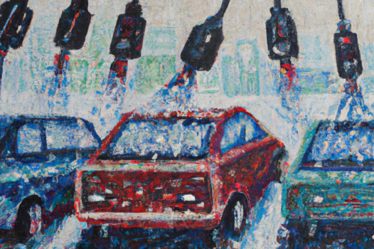 a pointillist painting of cars being electrified